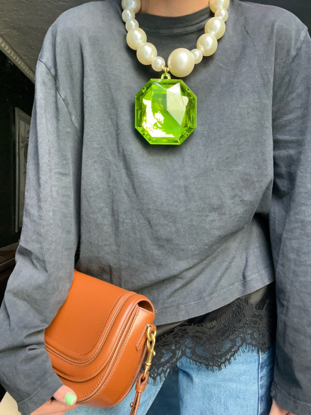 Octagonal Gem Pendant Pearl Necklace