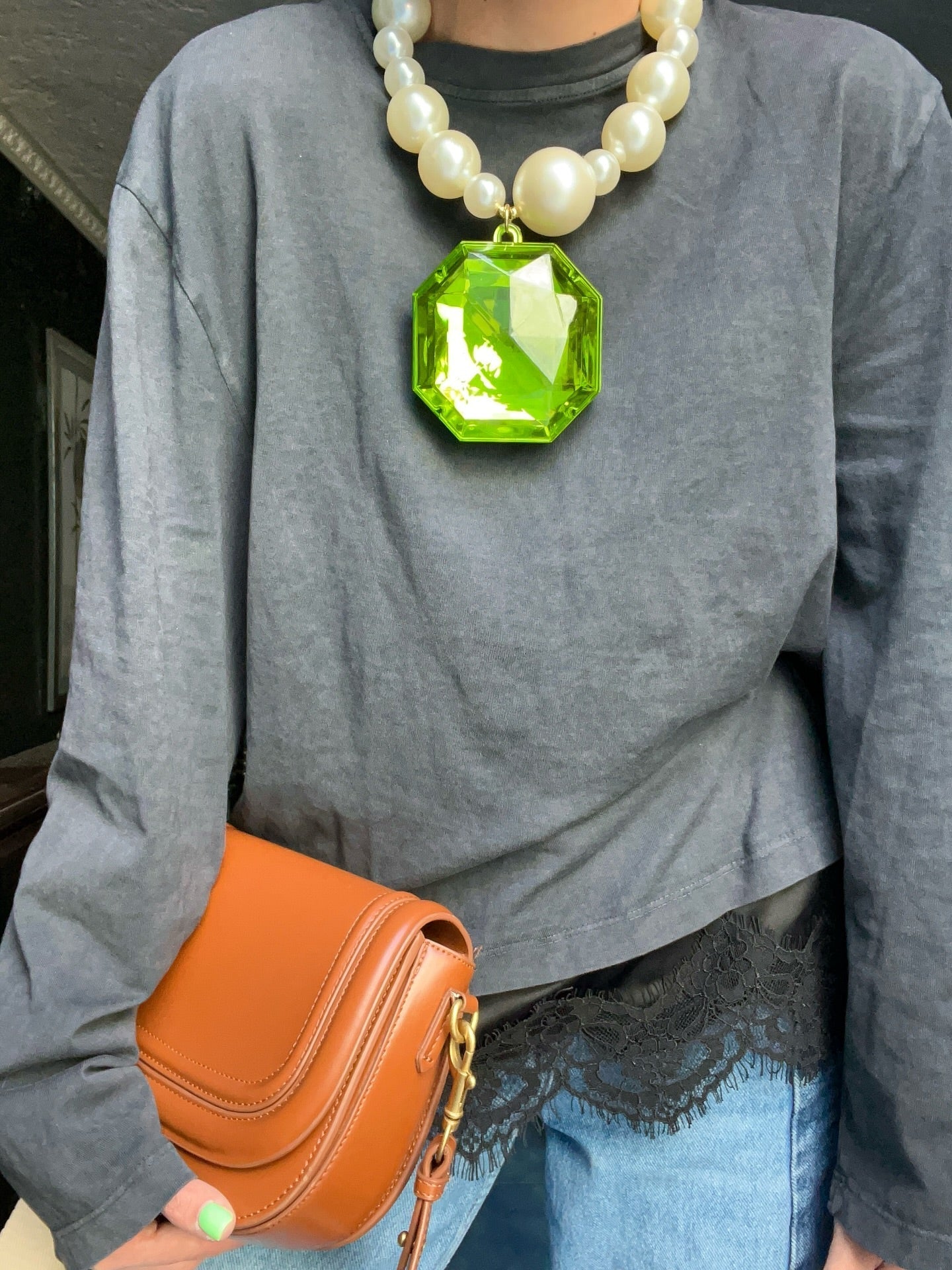 Octagonal Gem Pendant Pearl Necklace