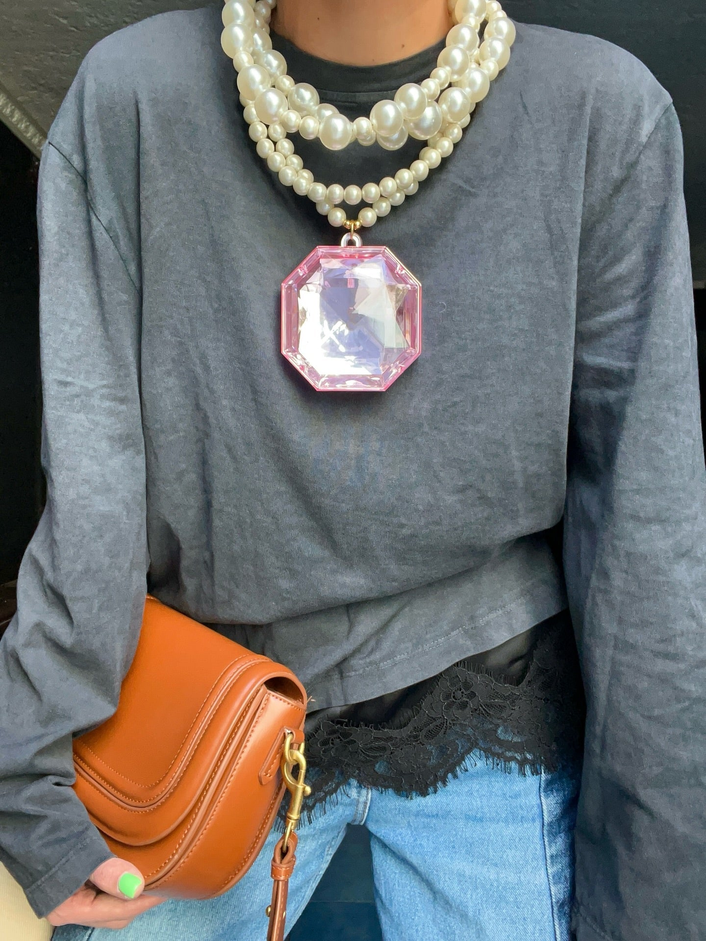 Octagonal Gem Pendant Pearl Necklace