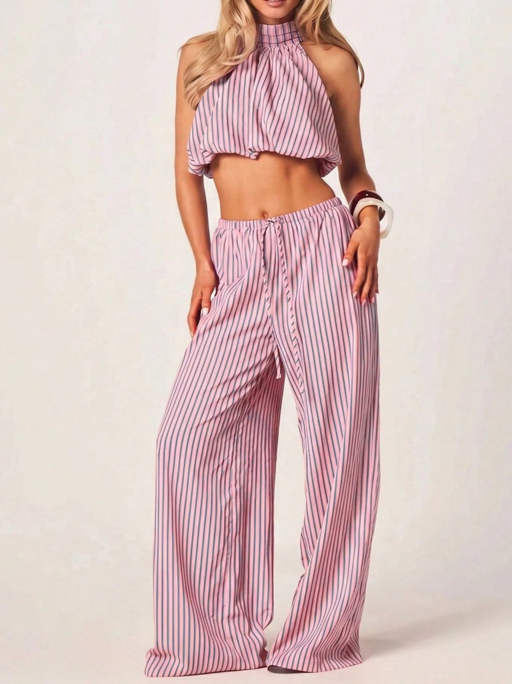 Pink Striped Halter Top And Wide Leg Trouser Set