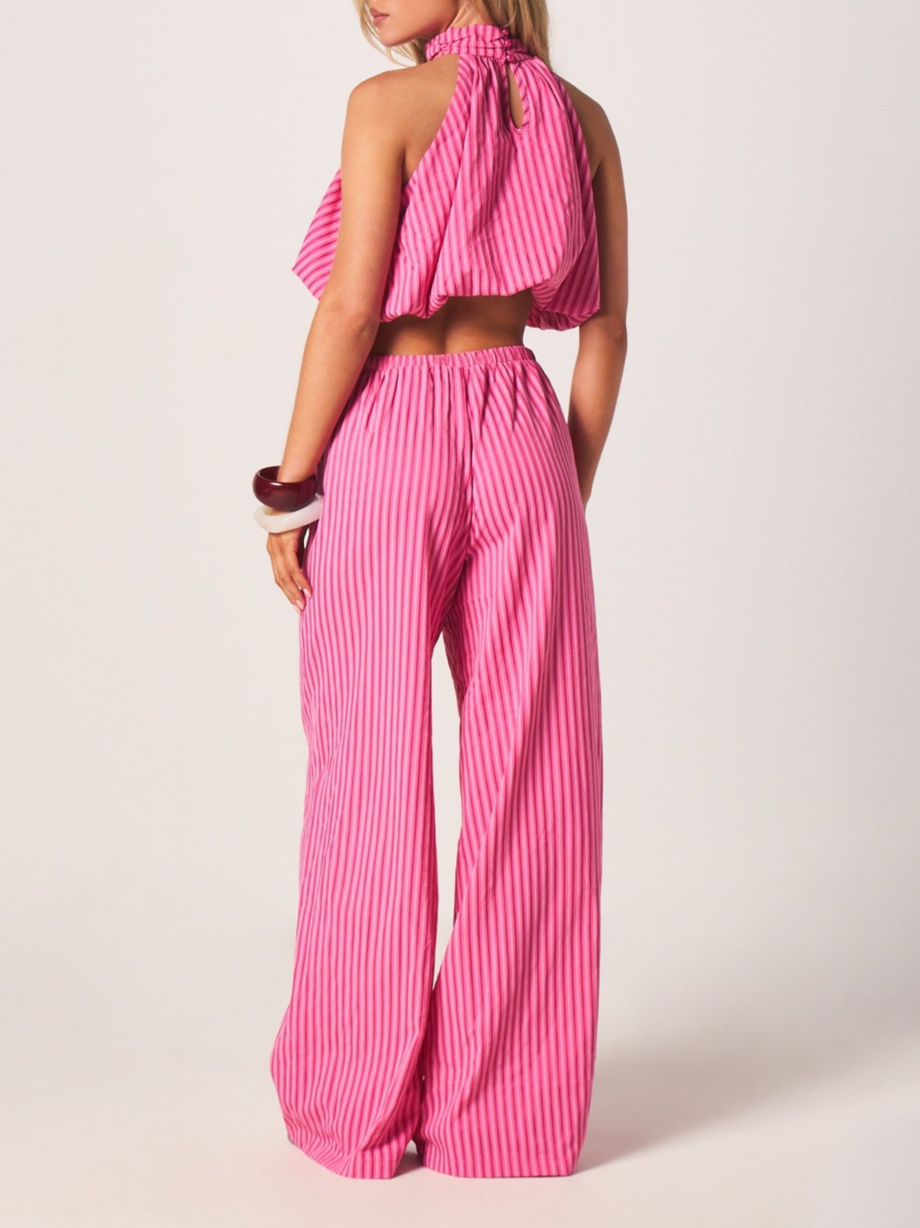 Pink Striped Halter Top And Wide Leg Trouser Set
