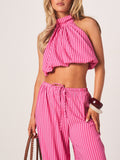 Pink Striped Halter Top And Wide Leg Trouser Set