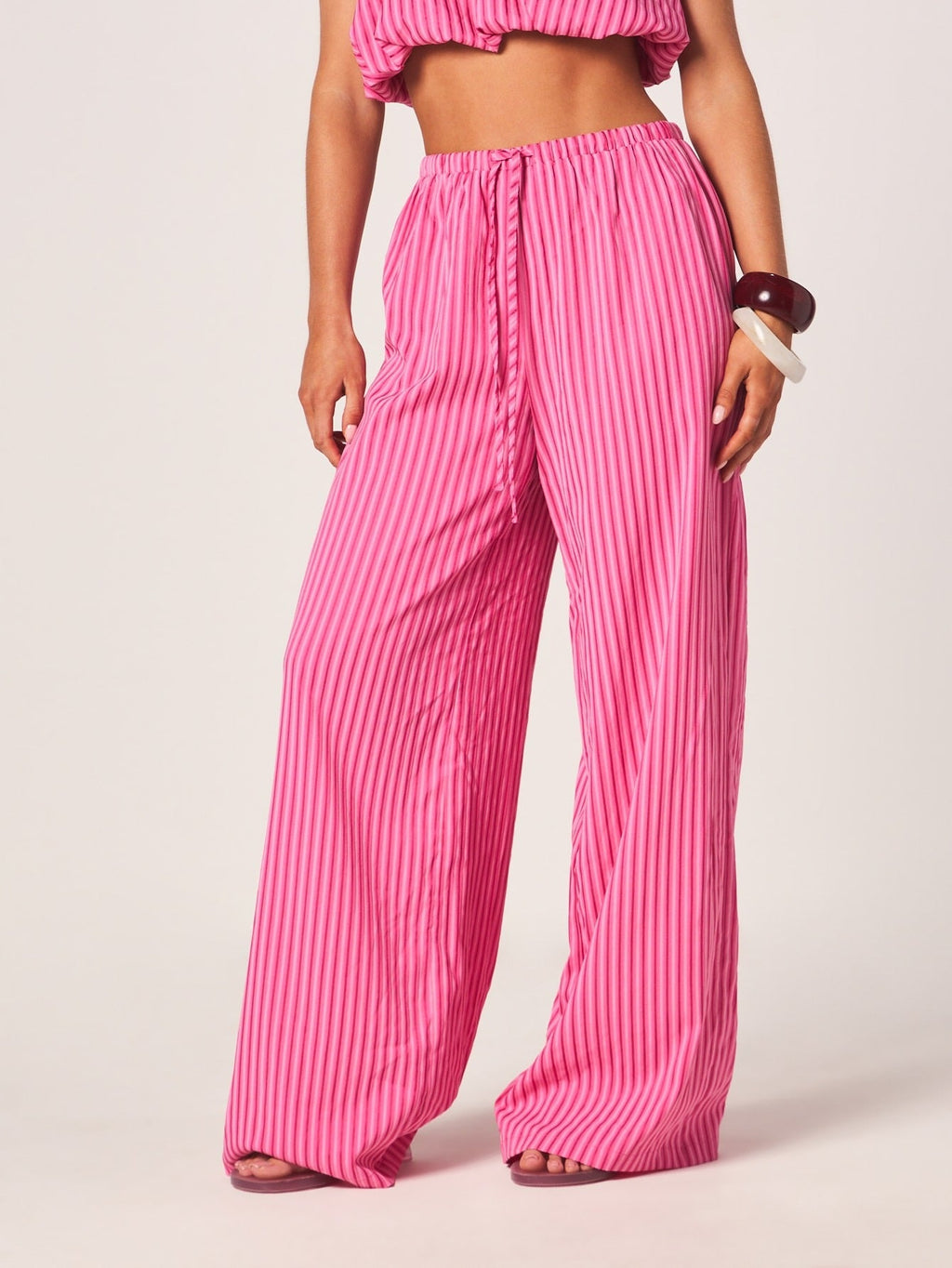 Pink Striped Halter Top And Wide Leg Trouser Set