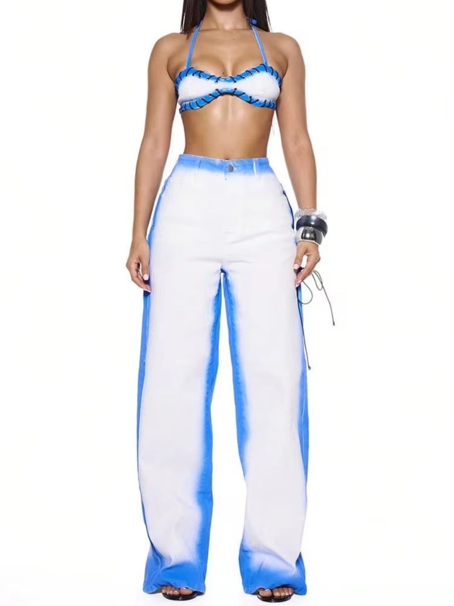 Contrast Washed Eyelet Tie Denim Sets